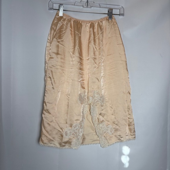 Other - Vintage‎ Lingerie Slip Skirt Top 3 pc Set Champagne Lace Trim Boudoir Loungewear